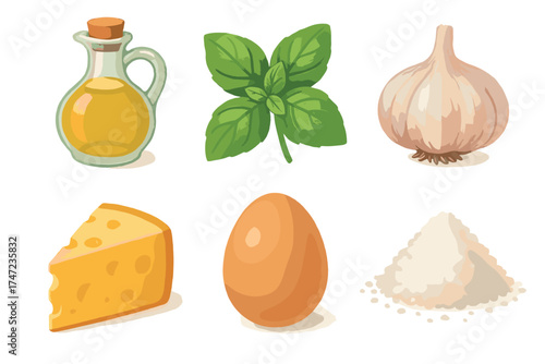 Basic cooking ingredients realistic vector illustration set. Hand painted collection of fresh and natural food items.