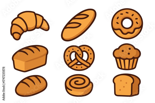 Bakery products and pastries cartoon vector icon set. Collection of various fresh baked goods.