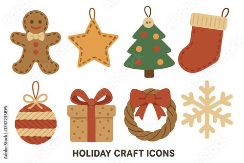 Holiday craft and handmade christmas ornament vector icon set. Collection of cute festive felt and fabric decorations.