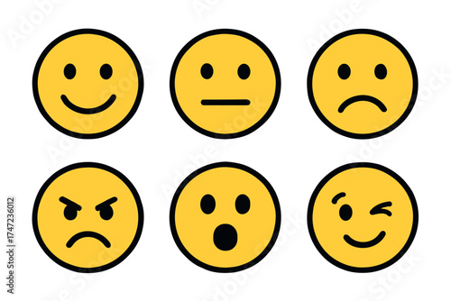 Emoticons and smiley faces simple vector icon set. Basic collection of various emotional expressions.