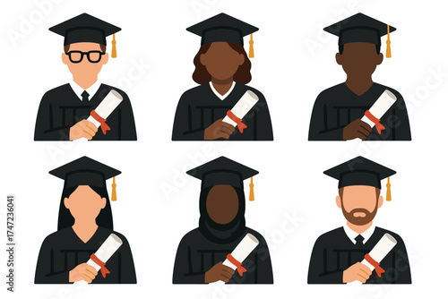 Diverse university graduates vector illustration set. Collection of multicultural students in cap and gown holding diplomas.