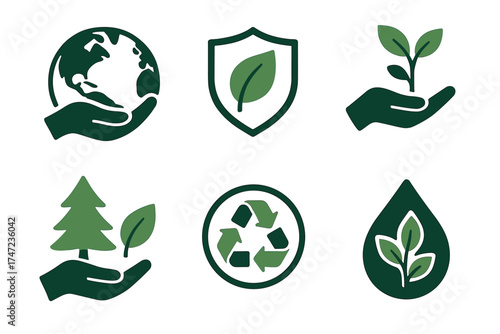Ecology and environment green vector icon set. Collection of silhouettes for nature conservation and protection.