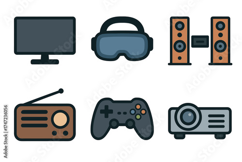 Home entertainment and media devices vector icon set. Collection of gadgets for gaming, movies, and music.