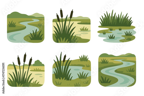 Marsh and swamp landscape flat vector illustration set. Collection of various wetland scenes with river and reeds.