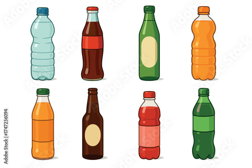 Bottled drinks cartoon vector illustration set. Collection of various plastic and glass bottles with soda, water, and beer.