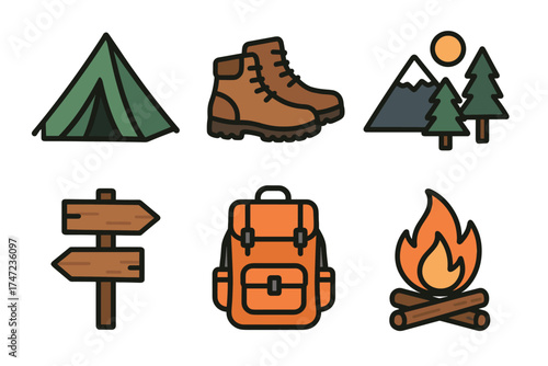 Camping and hiking essentials vector icon set. Simple collection of outdoor adventure and trekking symbols.