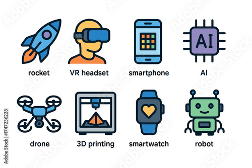 Modern technology and innovation vector icon set. Collection of various tech symbols with labels.