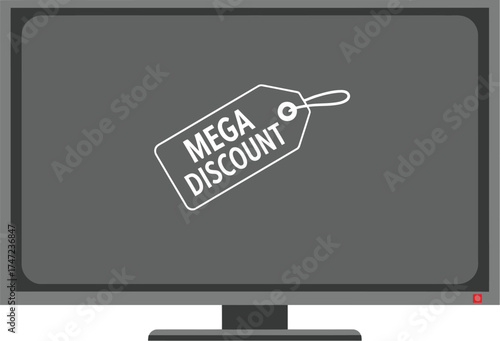 Mega discount tag on television screen isolated on white background for big sale event