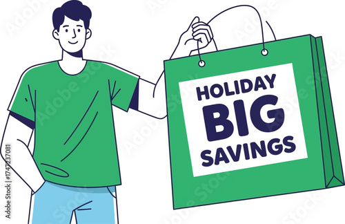 Man holding shopping bag with holiday big savings text isolated on white background vector art