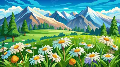 Very beautiful blooming daisies in a lush green meadow with snow-capped mountains in the background, vector-style illustration highlighting vibrant colors, natural textures, and serene alpine 