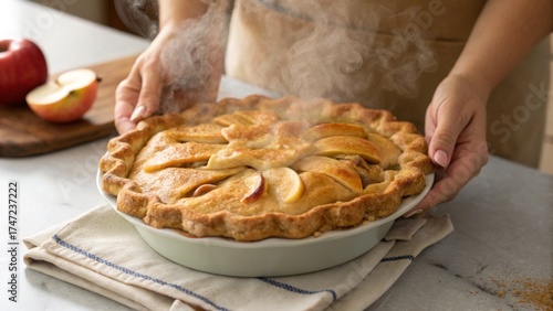 woman holds a warm apple pie in her hands close up