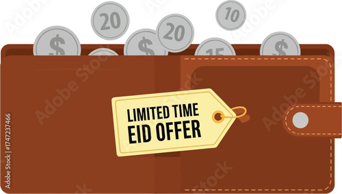 Wallet with limited time eid offer tag and coins isolated on white background for promotion sale