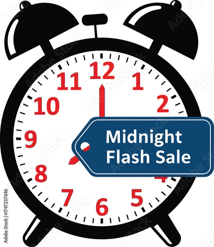 Alarm clock with midnight flash sale tag isolated on white background, limited time offer