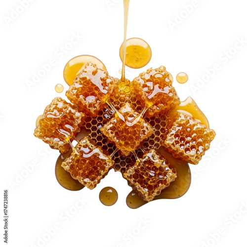 Loosely arranged honeycomb dripping with golden honey, showcasing glossy rich texture from an overhead view on a clean minimal background for natural sweetness theme