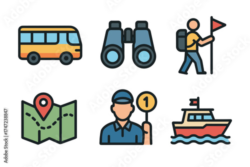 Tour guide and sightseeing vector icon set. Collection of symbols for guided tours, excursions, and travel.