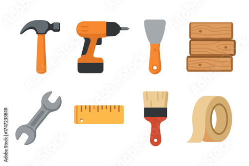 DIY and home improvement tools flat vector icon set. Collection of various equipment for construction and repair.
