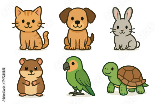 Cute pets vector illustration set. Adorable cartoon collection of various domestic animals.