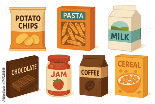 Packaged food and grocery products realistic vector illustration set. 3D collection of various supermarket items.
