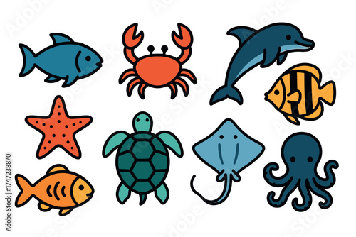 Cute sea animals and ocean creatures doodle vector set. Simple collection of various marine life characters.