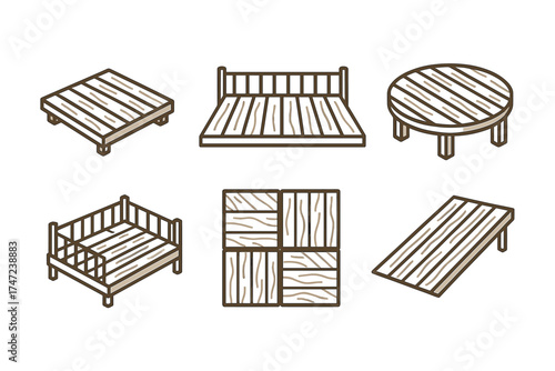 Wooden pallets and platforms isometric vector icon set. Collection of various wood structures for logistics and furniture.