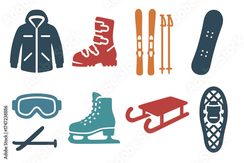Winter sports equipment vector glyph icon set. Colorful silhouettes of gear for skiing, snowboarding, and skating.