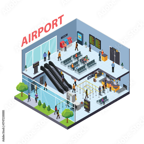 Isometric of Airport Interior Vector Illustration