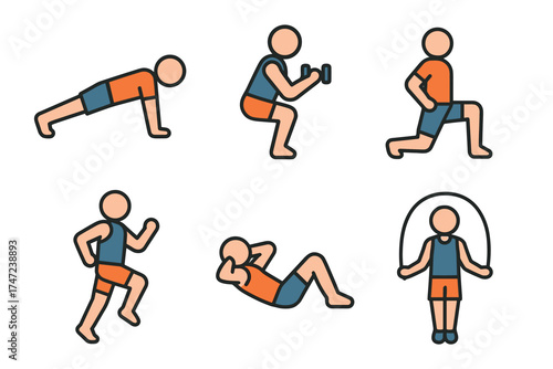 Workout exercises and fitness training vector icon set. Collection of simple characters doing various exercises.