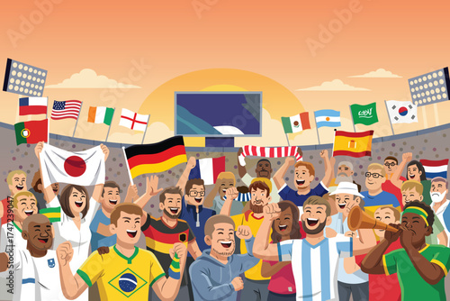 Soccer Fans from Different Countries in a Stadium Vector Illustration