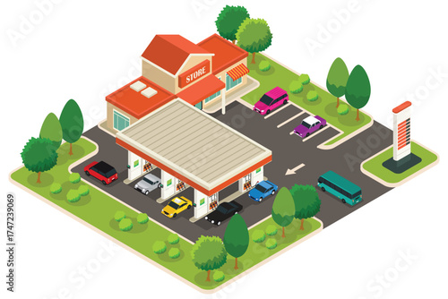 Isometric of a Gas Station Vector Illustration