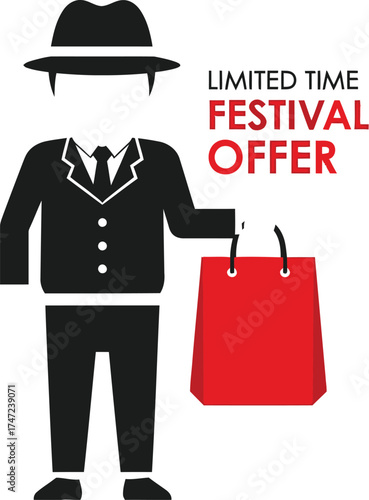 Festival offer limited time with man shopping isolated on white background for online