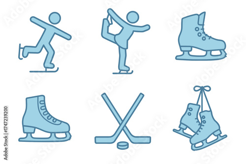 Ice skating and hockey blue vector icon set. Simple collection of symbols for winter sports and recreation.