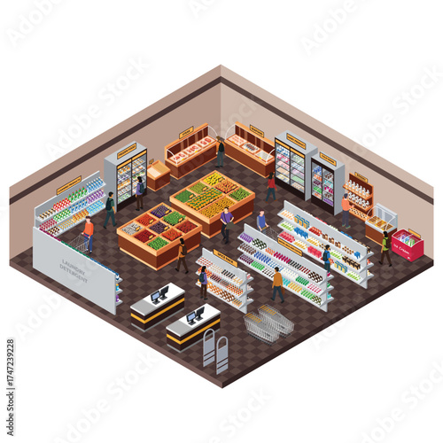 Isometric Grocery Store Interior Vector Illustration