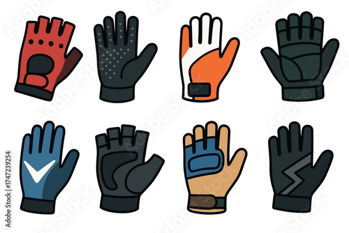 Sport and work gloves vector icon set. Collection of various functional and protective gloves.