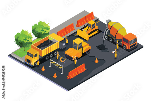 Isometric of a Road Construction Vector Illustration