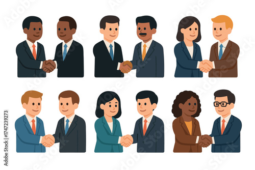 Diverse business people shaking hands vector illustration set. Collection of characters making a deal or partnership.