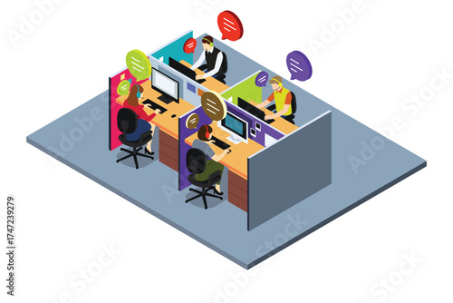 Isometric of a Support Call Center Vector Illustration