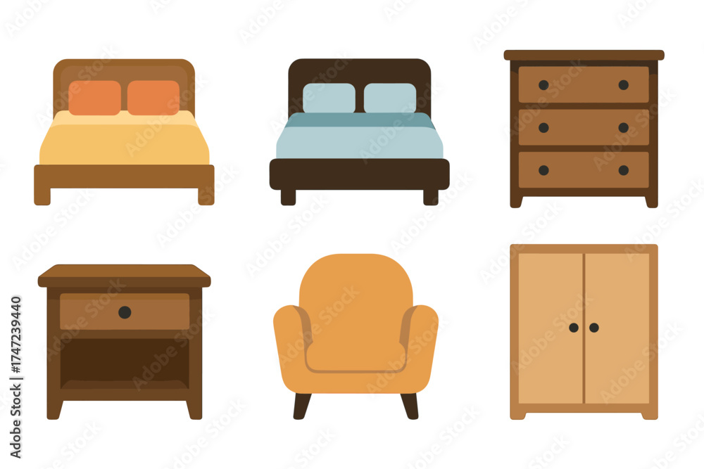 Fototapeta premium Bedroom furniture flat vector illustration set. Simple collection of wooden furniture for a cozy interior.