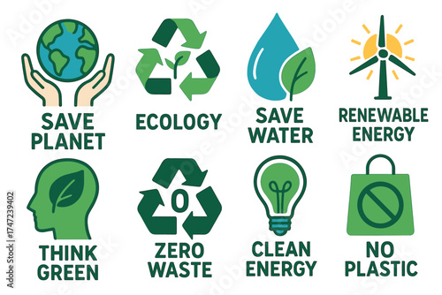 Ecology and environmental awareness slogans vector icon set. Collection of green glyphs for a sustainable lifestyle.
