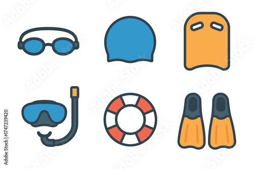 Swimming and snorkeling equipment flat vector icon set. Collection of accessories for pool and sea activities.
