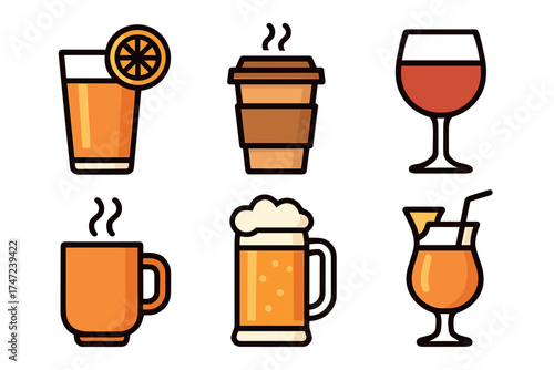 Drinks and beverages vector icon set. Colorful collection of various hot and cold drinks.