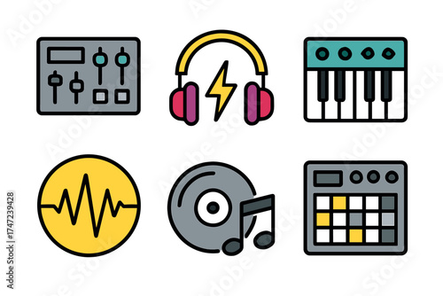 Electronic music production and DJ equipment vector icon set. Colorful collection of various audio gear symbols.