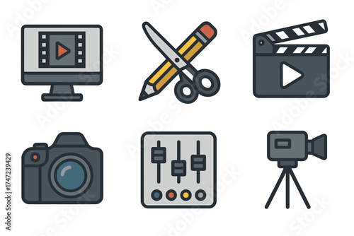 Video and photo editing vector icon set. Collection of symbols for content creation and post production.