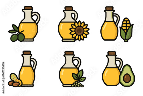 Cooking oil types vector icon set. Collection of various vegetable oils in glass jugs.