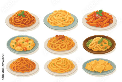 Pasta dishes realistic vector illustration set. Collection of various traditional italian pasta meals in plates.