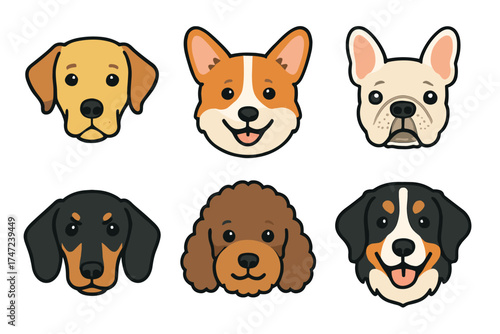 Dog breed heads cute cartoon vector icon set. Collection of various popular and adorable pet faces.