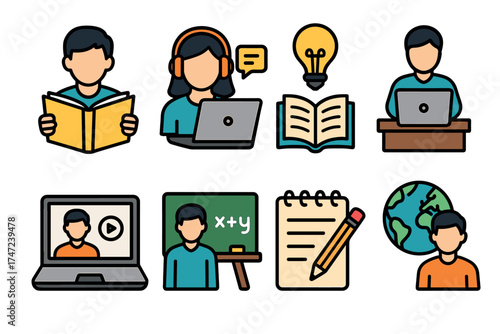 Education and e-learning vector illustration set. Collection of student characters and online learning symbols.