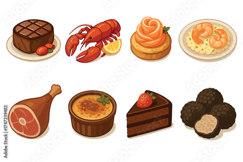 Gourmet food and fine dining dishes vector illustration set. Isometric collection of various luxury restaurant meals.