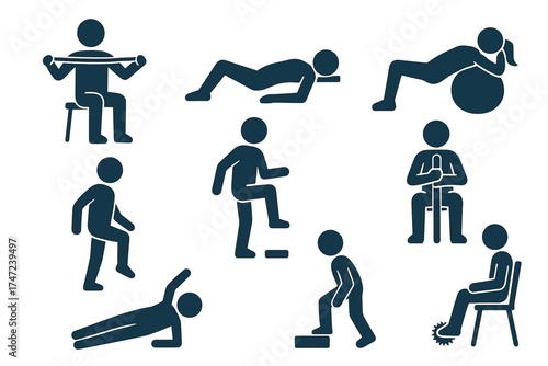 Physical therapy and rehabilitation exercise glyph icon set. Collection of silhouettes for physiotherapy and recovery.