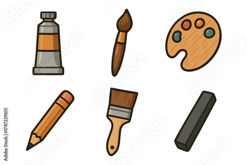 Art supplies doodle vector icon set. Hand drawn collection of simple tools for painting and drawing.