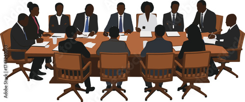 Business meeting around conference table silhouette illustration, teamwork and professional collaboration concept artwork for lifestyle, corporate, and leadership design